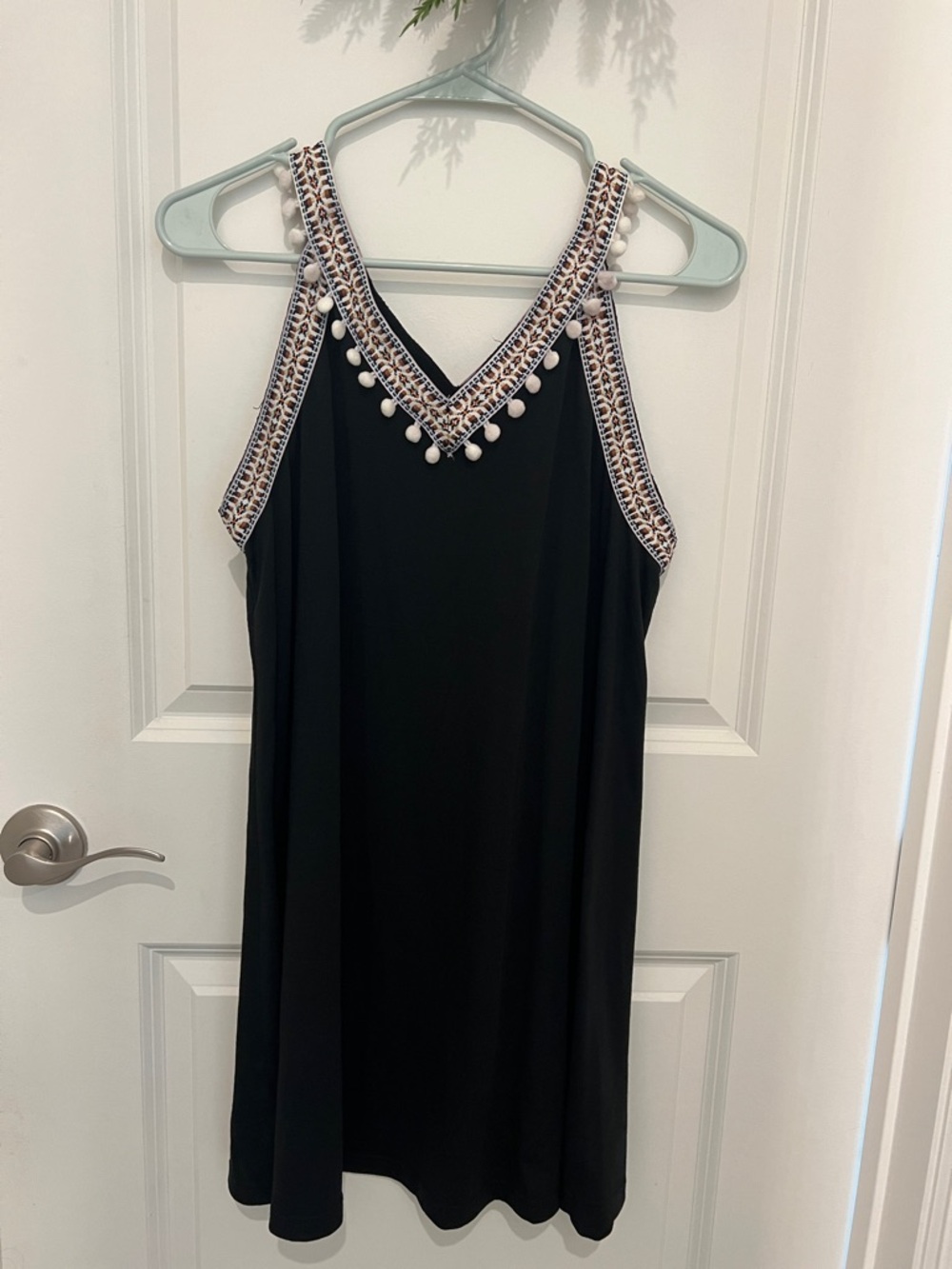 Cupshe Black Mini Dress with Pom-Pom V-Neck Trim